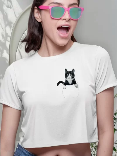 Remera Crop Minino Gato De Bolsillo