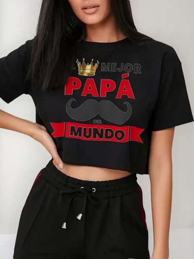 Remera Crop Corona Bigotes Mejor Papa Padre34 9Oi