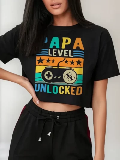 Remera Crop Papa Level Unlocked Video Gamer